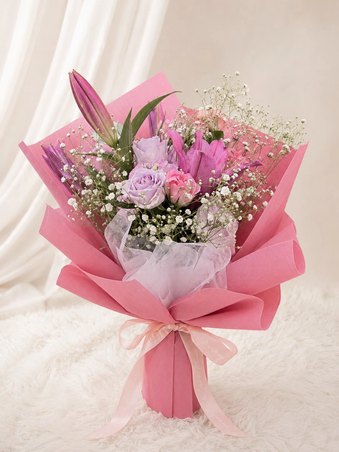 花園系列－粉漾百合鮮花花束