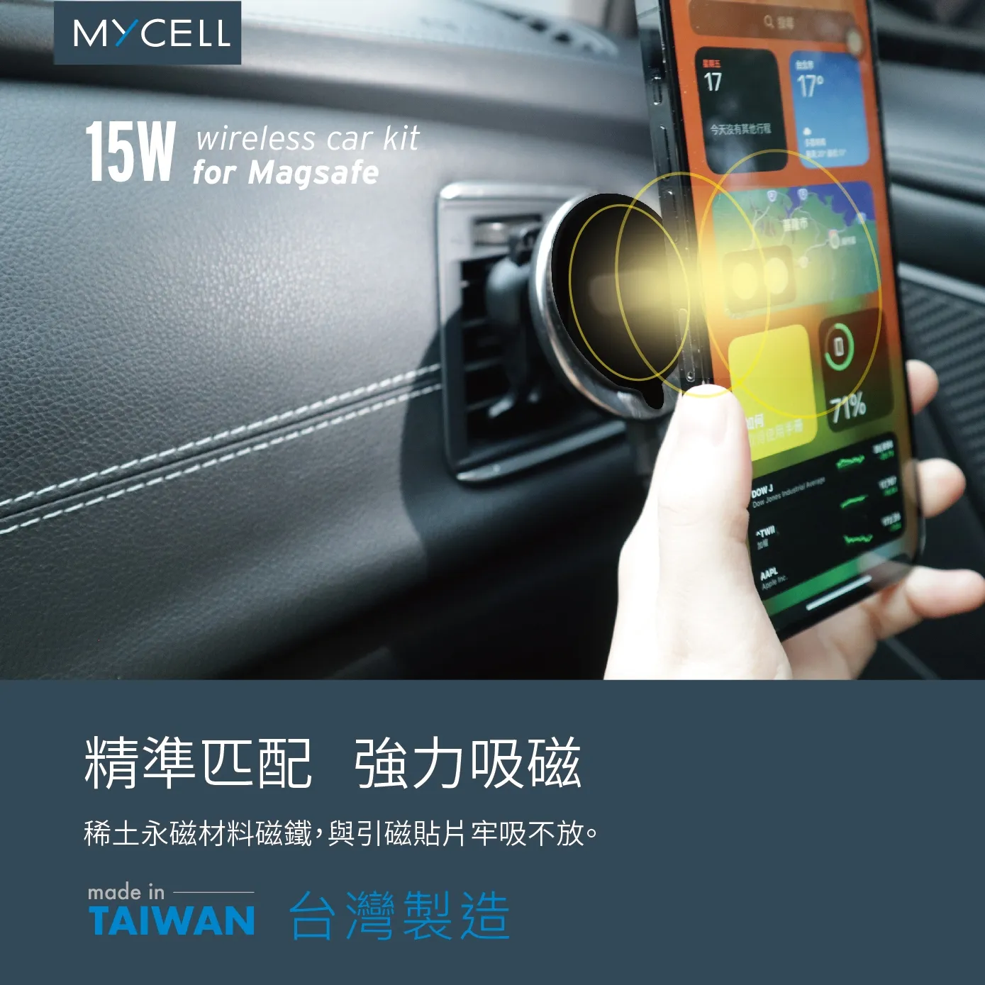 [MYCELL]台灣製15W 兼容磁吸無線車架充電組
