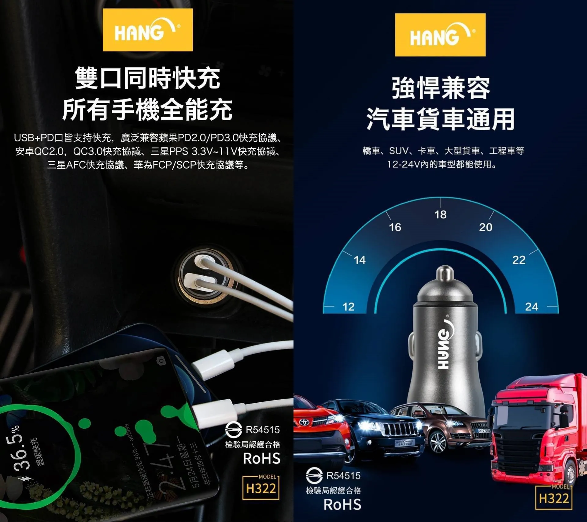 HANG- H322 PD+QC 超快充 25W車充