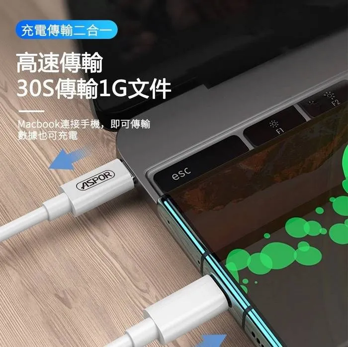 ASPOR  Type-C to Type-C 100W 快充充電線A108