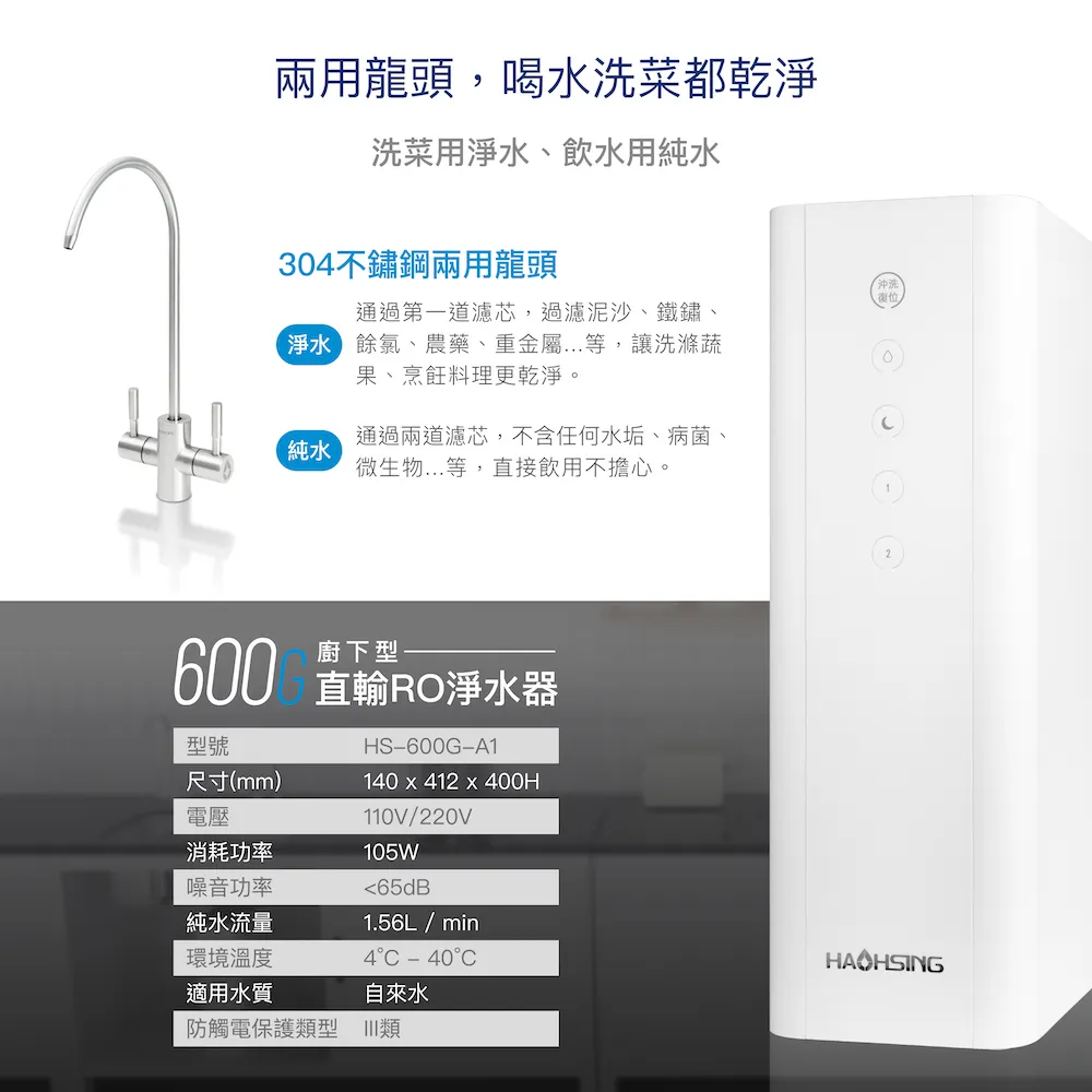 【Haohsing 豪星】廚下直輸RO淨水器 HS-600G