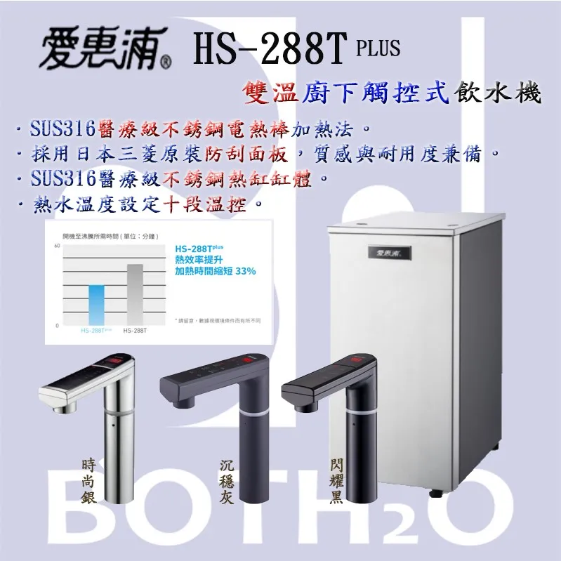 【Everpure 愛惠浦 】HS288T plus316不鏽鋼冷熱觸控廚下型飲水機【閃耀黑／時尚銀／沈穩灰】