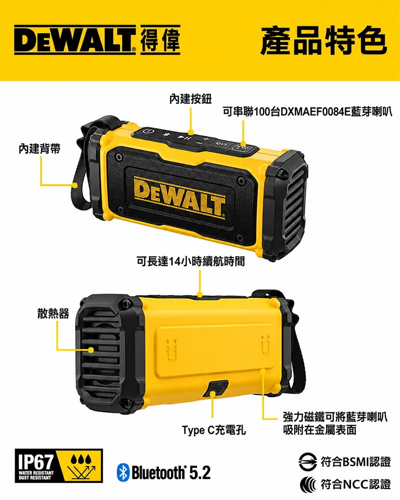 美國 DEWALT 得偉｜DXMAEF0084E｜ToughSound Pro 藍牙喇叭｜IP67防塵防水｜磁吸式｜Bluetooth 5.2｜Type-C｜工地喇叭