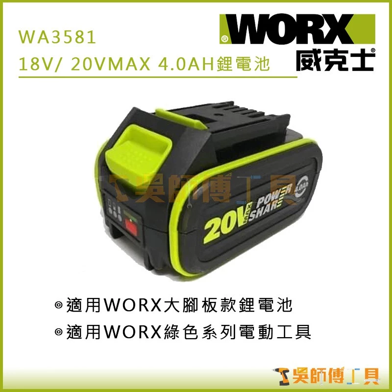 威克士 WORX WA3581 18V/20VMAX 4.0AH鋰電池