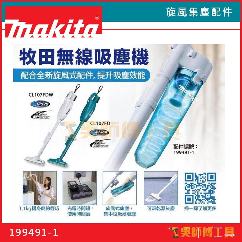 牧田 Makita 199491-1旋風集塵配件(適用DCL180 DCL182 CL107吸塵器)