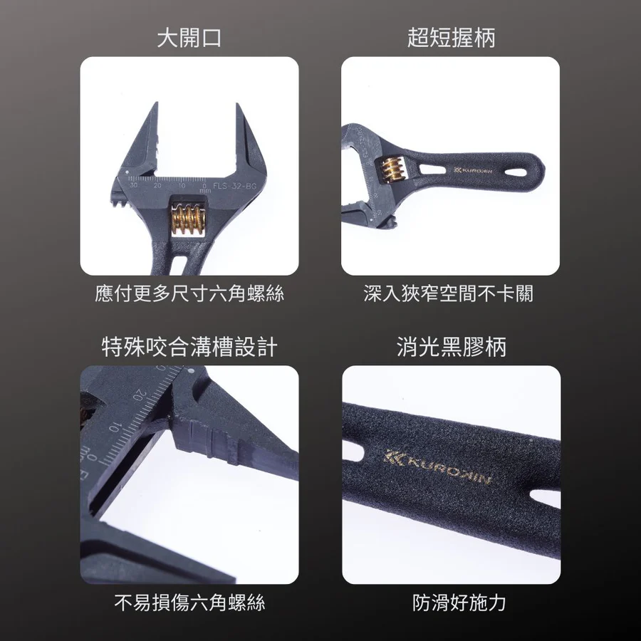 KUROKIN_輕量大開口短柄活動板手-溝槽型 黑金系列
