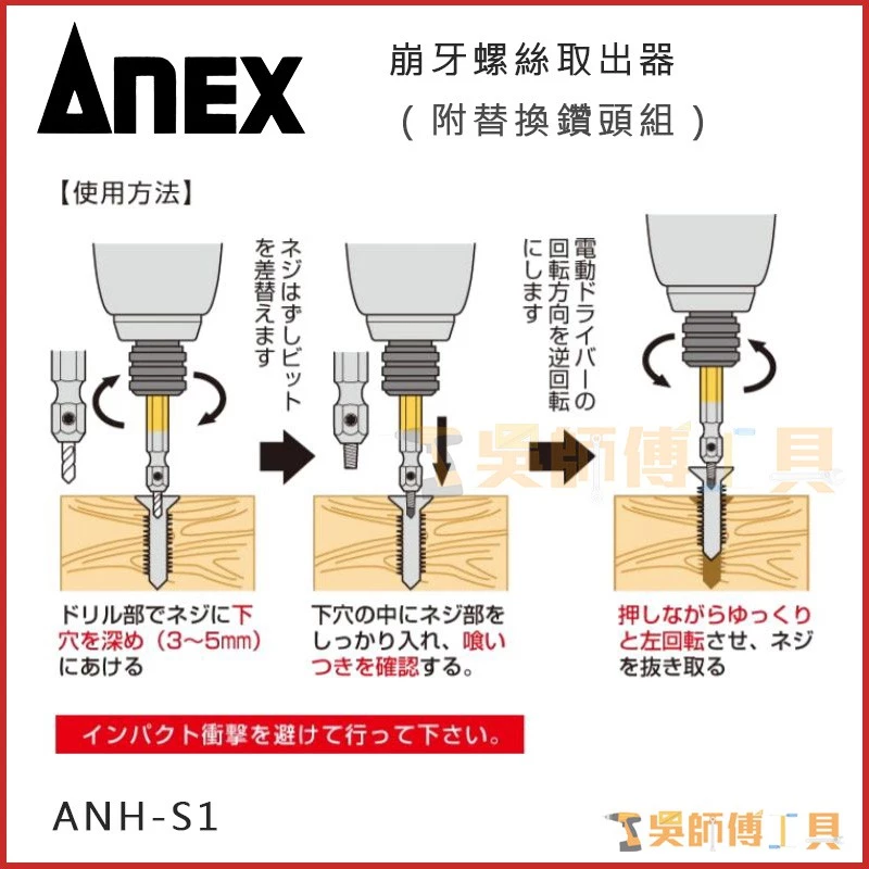 安耐適 ANEX ANH-S1 崩牙螺絲取出器(M2.5~M5可用)(附替換鑽頭組)(兩支裝)