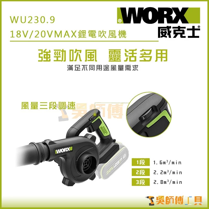 威克士 WORX WU230.9 18V/20VMAX鋰電鼓風機(主機)