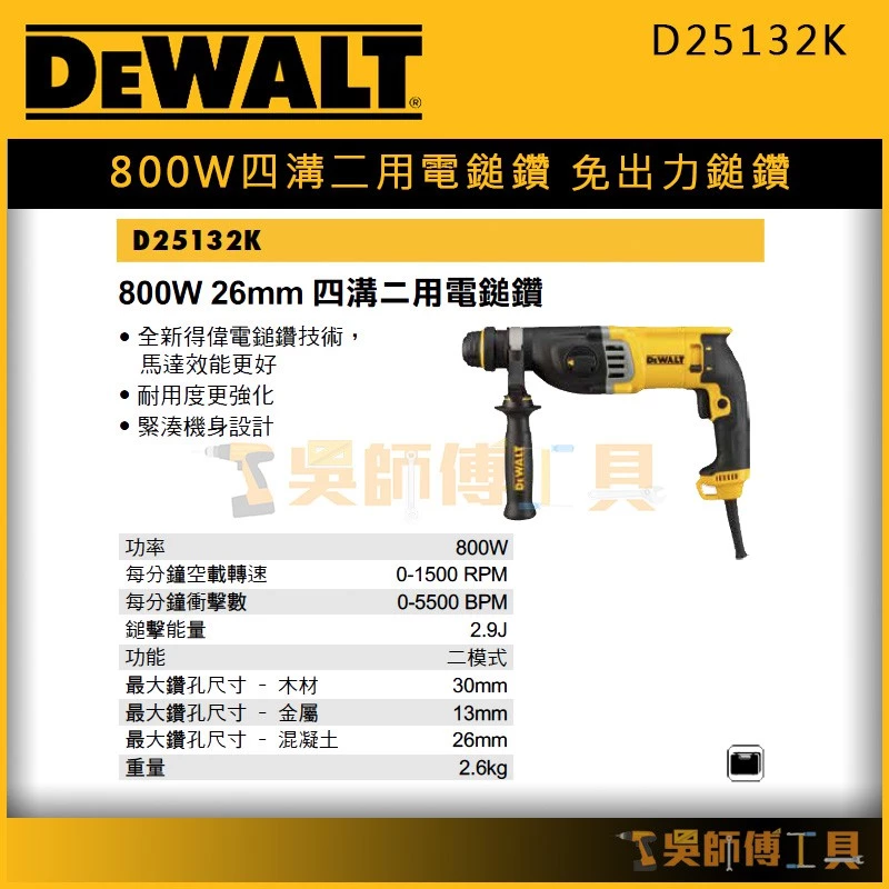 得偉 DEWALT D25132K 800W四溝二用電鎚鑽/免出力鎚鑽(工具盒裝)