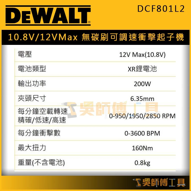 得偉DEWALT DCF801L2 10.8V/12VMax 無碳刷可調速衝擊起子機 (3.0Ah雙電)