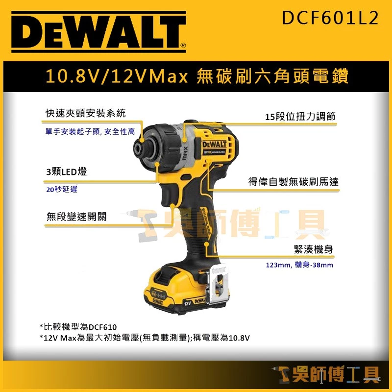 得偉 DEWALT DCF601L2 10.8V/12V Max無碳刷六角頭電鑽(3.0Ah雙電全配)