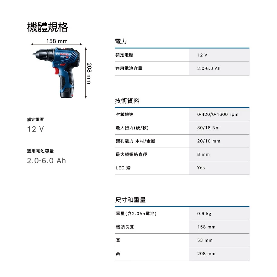 博世BOSCH GSR 12V-30 12V無刷調扭起子電鑽(附2.0Ah雙電池)