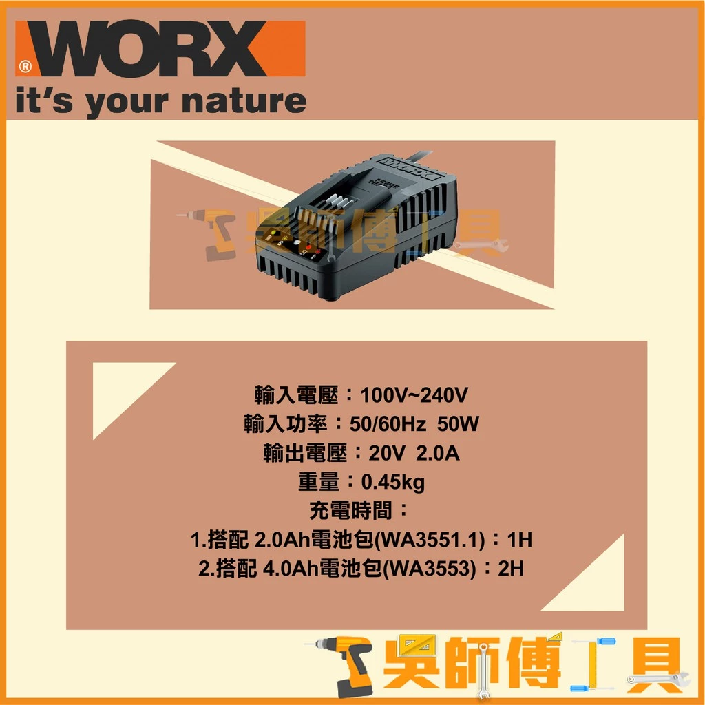 威克士 WORX WA3880 20V橘標電池2A充電器