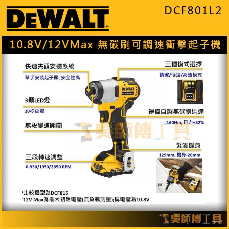 得偉DEWALT DCF801L2 10.8V/12VMax 無碳刷可調速衝擊起子機 (3.0Ah雙電)