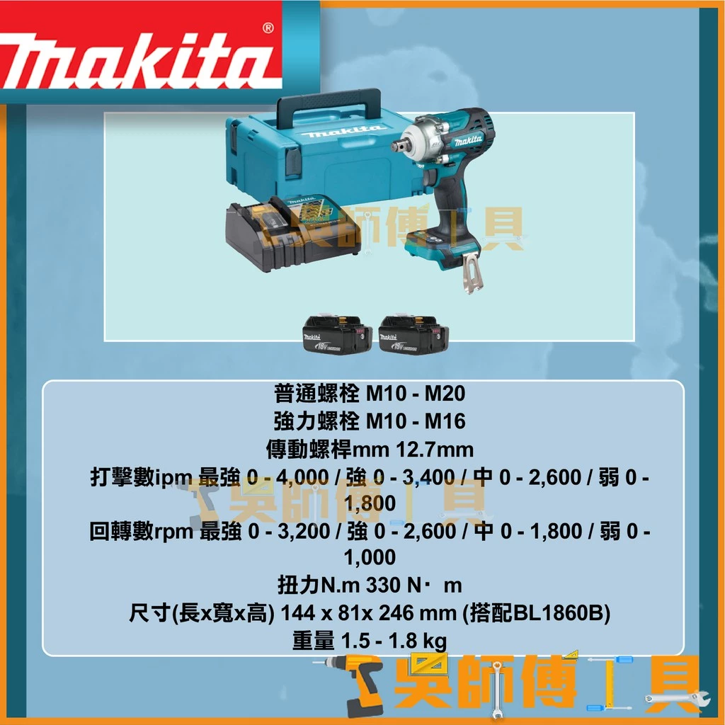 牧田 Makita 18V無碳刷衝擊套筒板手(6.0Ah雙電全配)