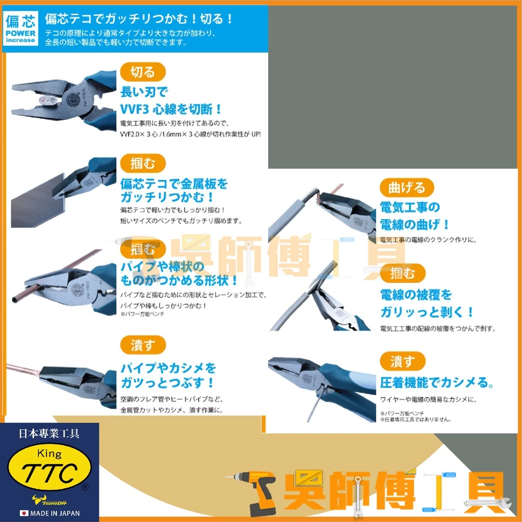 日本角田 KING TTC PW-115DG 萬能強力鋼絲鉗 9吋 225mm