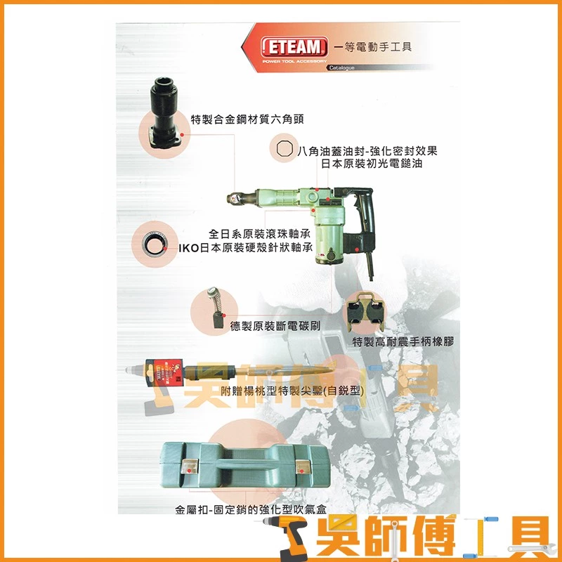 一等 ETEAM ET41 1050W插電電動鎚/電鎚/破碎機 (附贈隔熱套&尖鑿x2)