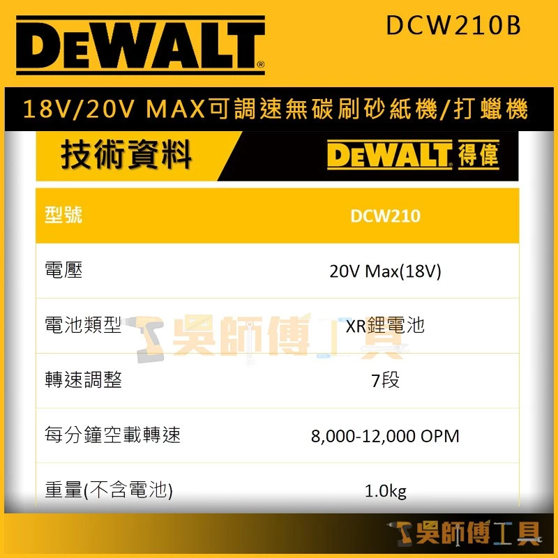 得偉 DEWALT DCW210B 18V/20VMAX可調速無碳刷砂紙機/打蠟機/研磨機 (附集塵袋)