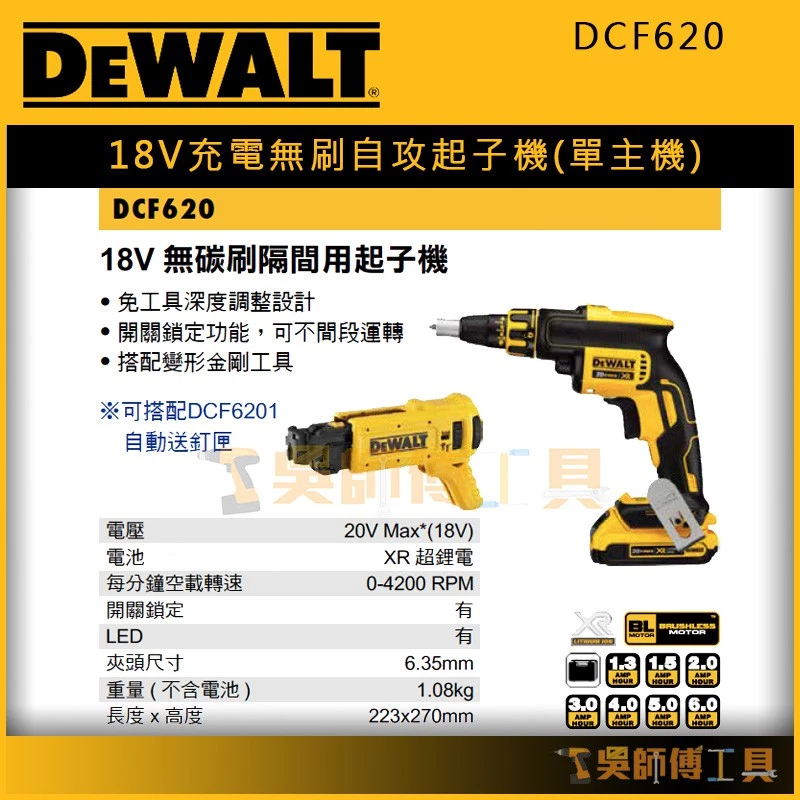 得偉 DEWALT DCF620 18V充電無刷自攻起子機/隔間用起子機/浪板機(單機)(箱裝)