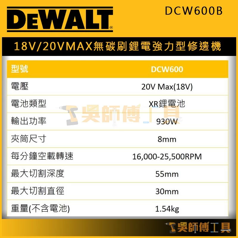 得偉 DEWAL DCW600B 18V/20V MAX無碳刷鋰電強力型修邊機(單機)
