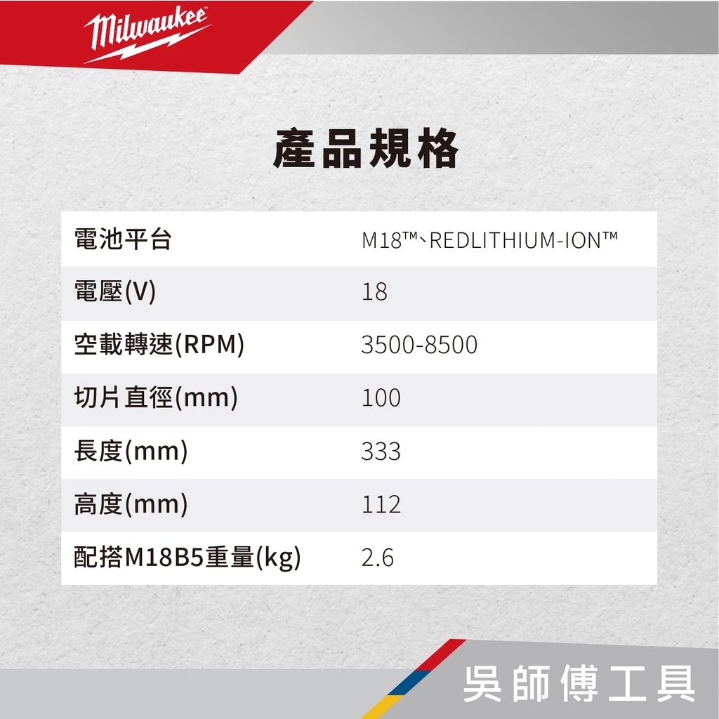 美沃奇 Milwaukee M18 FSAGV100XB 18V無刷可調速速停四英吋砂輪機