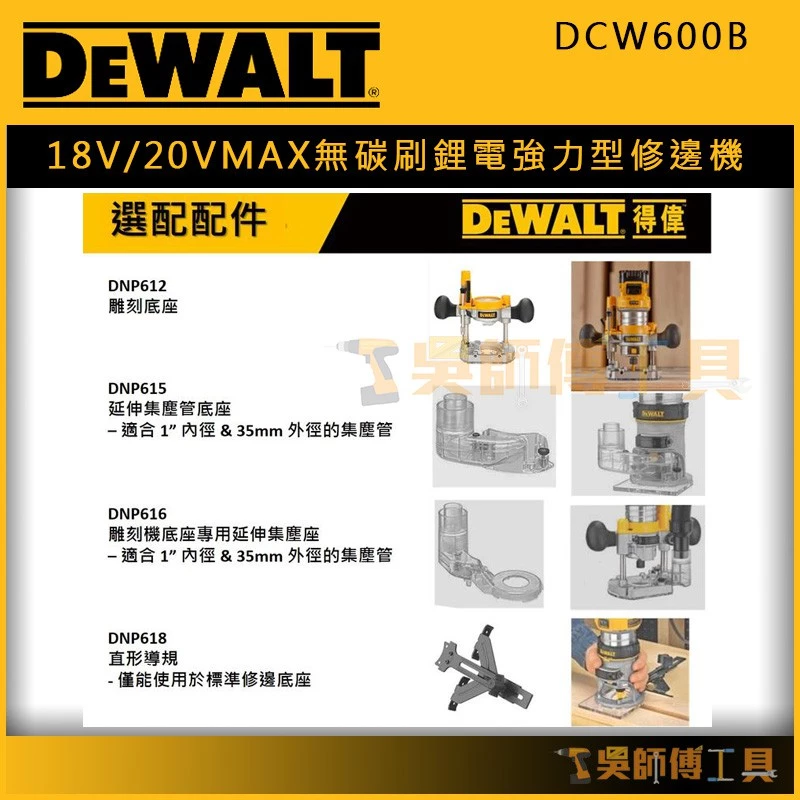 得偉 DEWAL DCW600B 18V/20V MAX無碳刷鋰電強力型修邊機(單機)