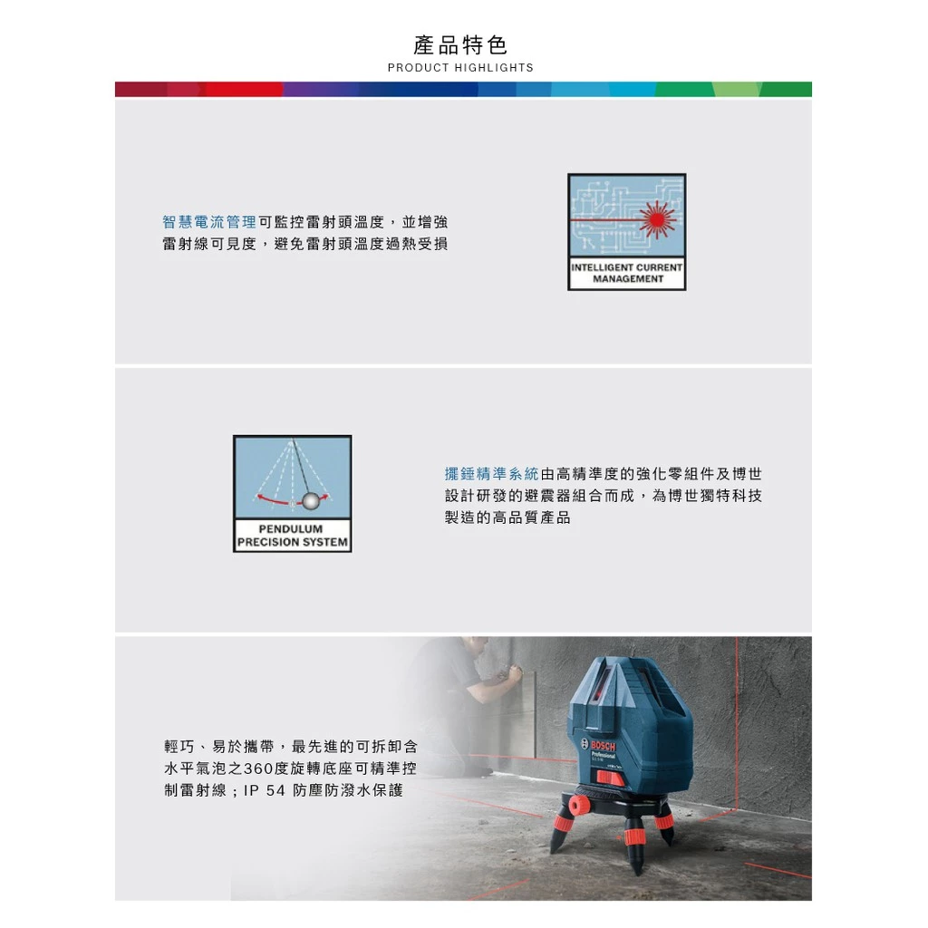 博世BOSCH GLL 3-15 X 專業三線紅光雷射墨線儀(2垂直1水平)