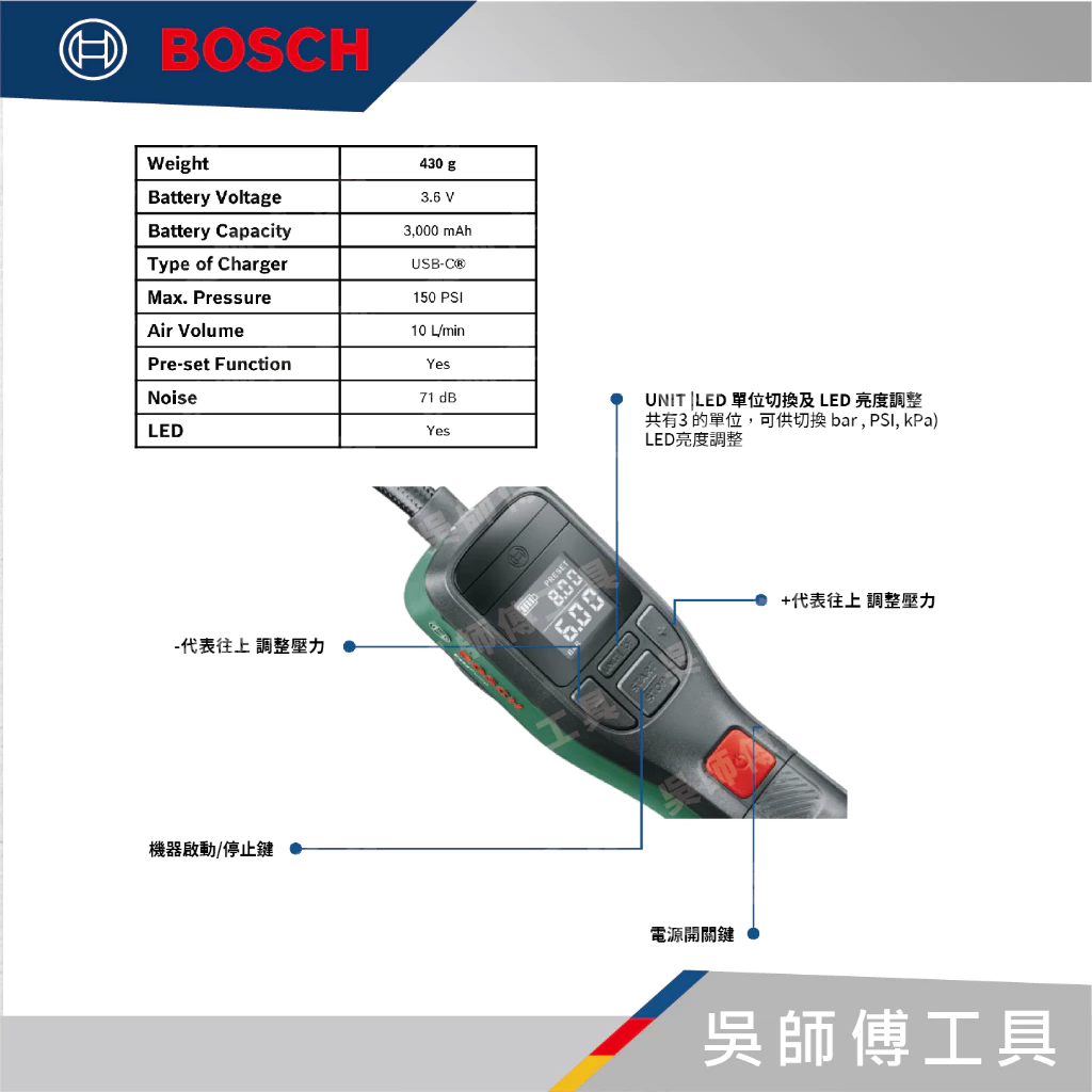 博世 BOSCH EASY PUMP 3.6V 充電式輪胎打氣機 150PSI