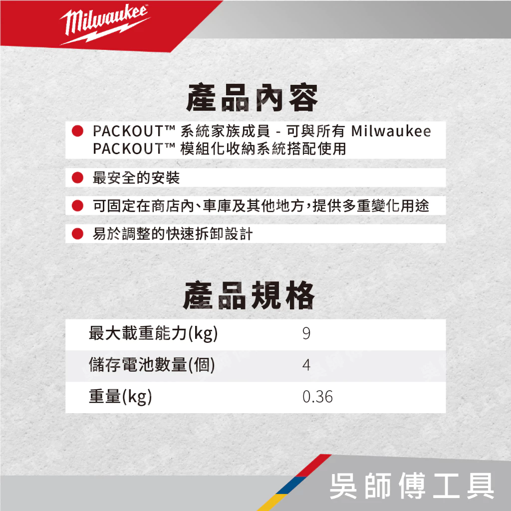 美沃奇 Milwaukee 48-22-8339 配套M18電池收納架