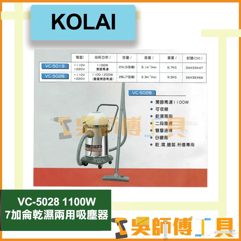 格萊 KOLAI VC-5028 1100W 7加侖乾濕兩用吸塵器(白鐵筒.可收線)