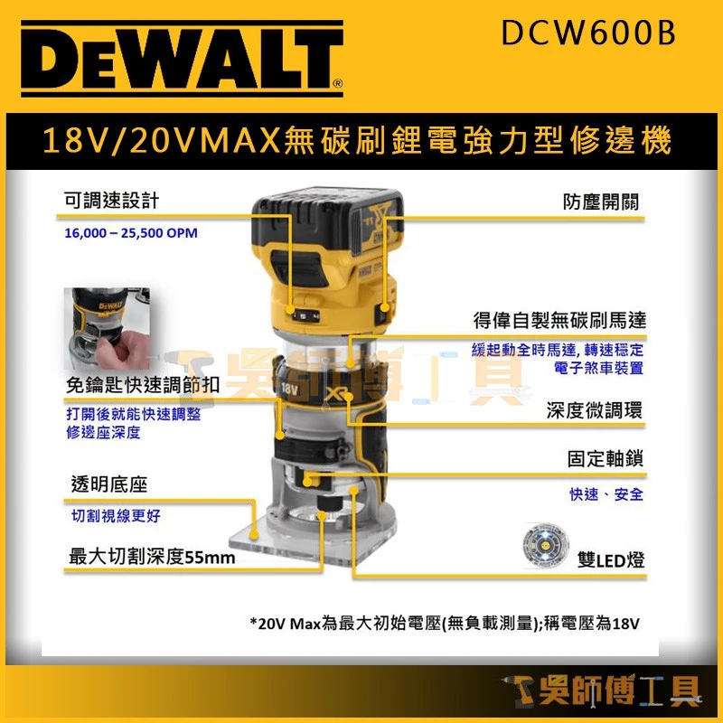 得偉 DEWAL DCW600B 18V/20V MAX無碳刷鋰電強力型修邊機(單機)