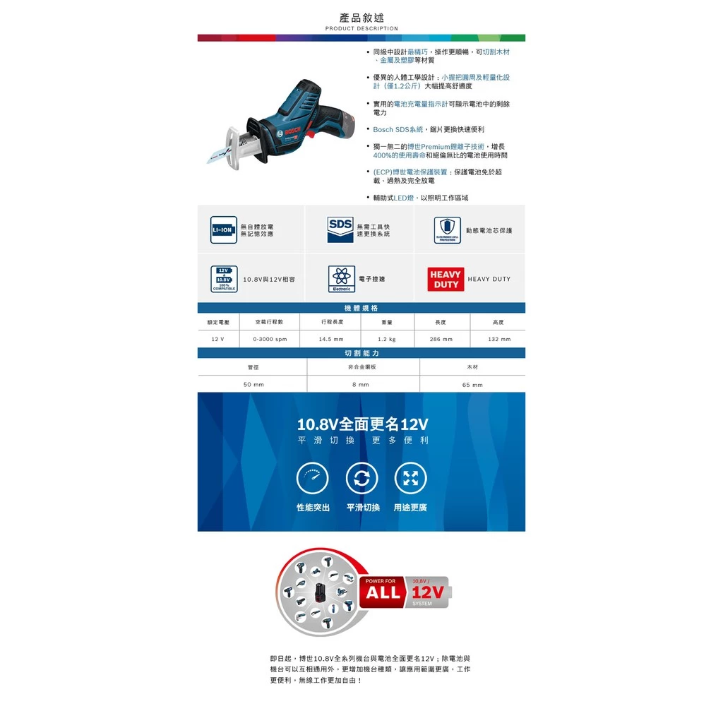 博世 BOSCH GSA12V-LI 12V鋰電軍刀鋸(單機)