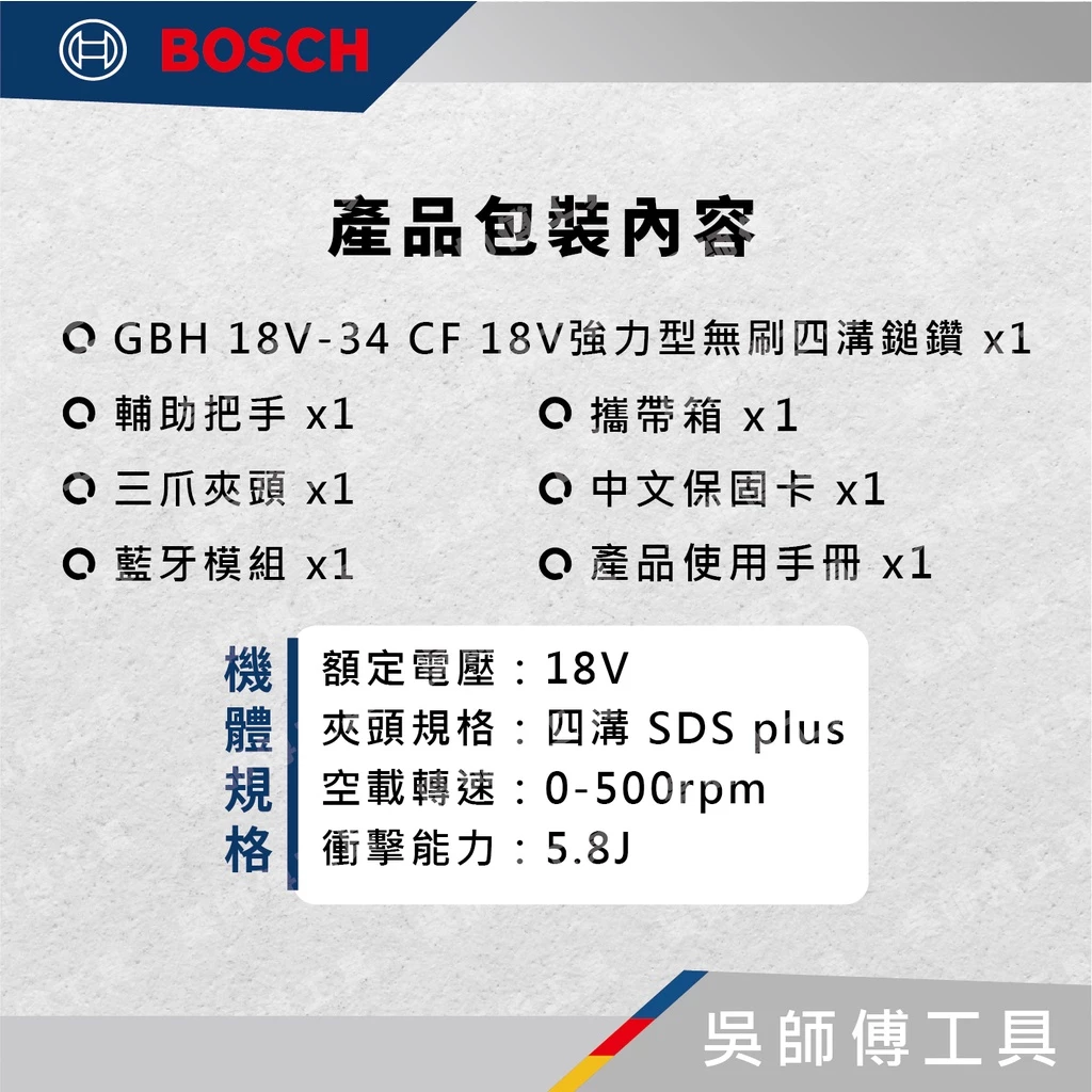 博世 BOSCH GBH 18V-34 CF 18V強力型無刷四溝鎚鑽(單機)