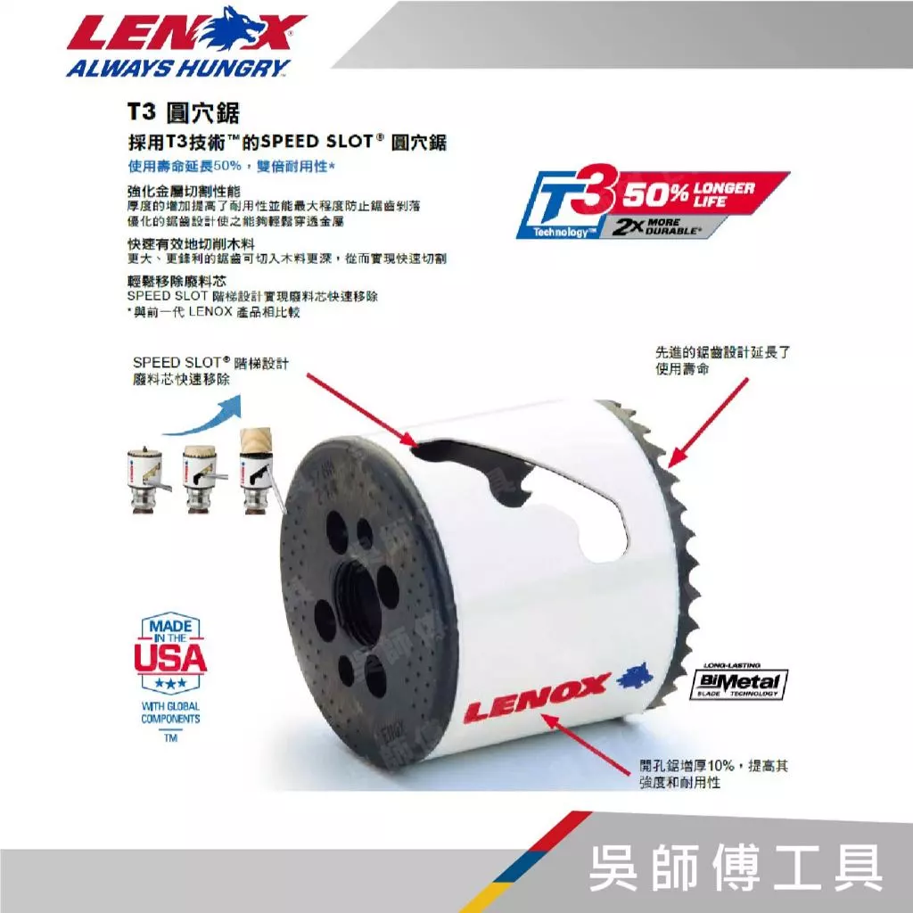 狼牌 LENOX LE300 T3雙金屬圓穴鋸(單殼不含中心軸)(金屬.木工.白鐵不鏽鋼用)(54mm~95mm)