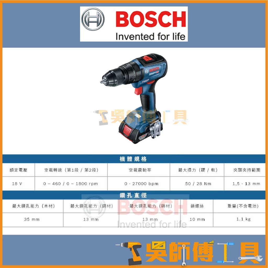 博世BOSCH GSB 18V-50 18V鋰電無刷震動電鑽起子機 (2.0Ah雙電全配)