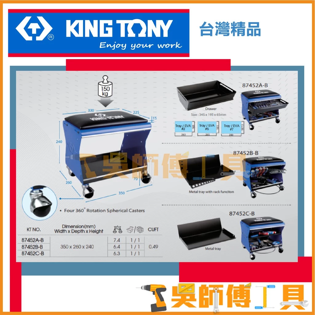 金統立 KINGTONY 台灣製 87452A-B 移動工作椅(不含工具) 可承重150KG