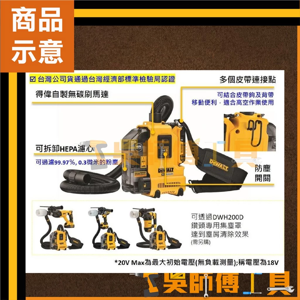 得偉 DEWALT DWH161 18/20V 肩背式吸塵器/萬用集塵器(單機)