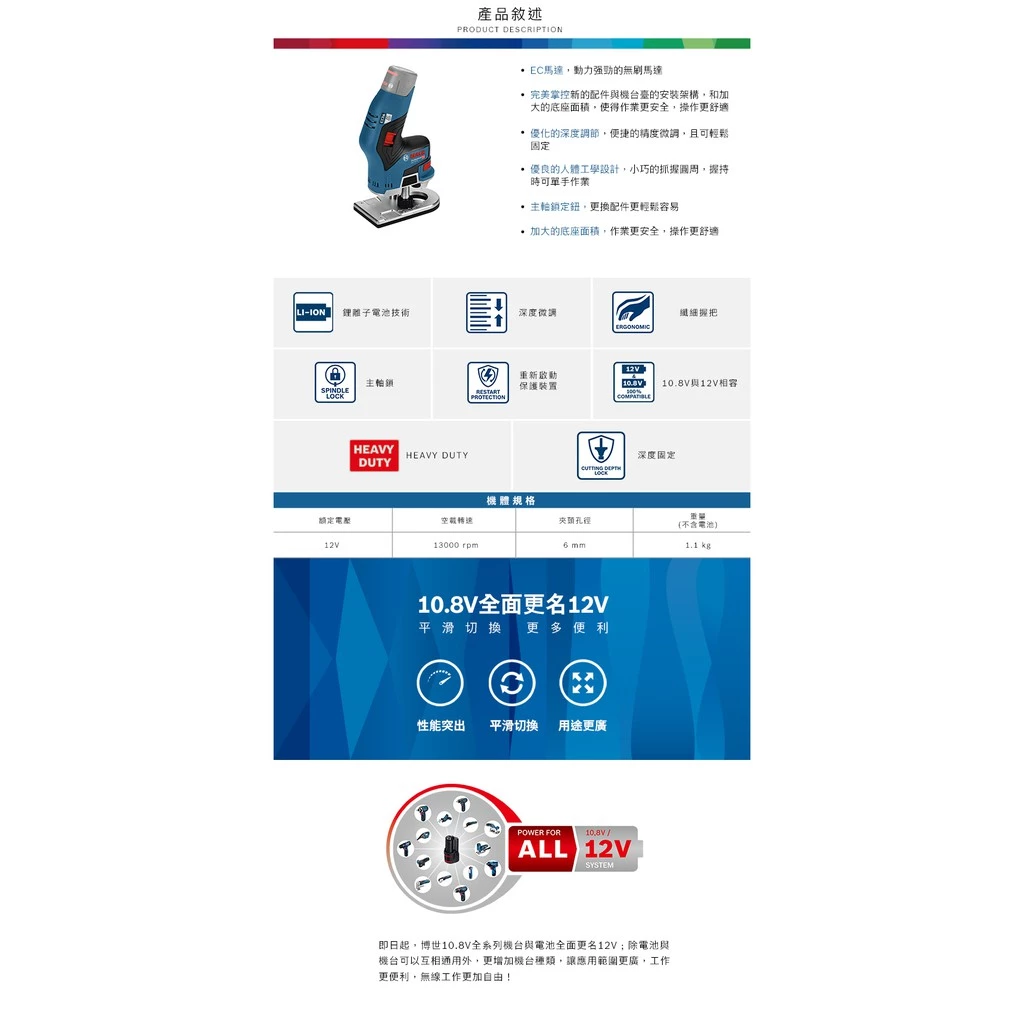 博世 BOSCH GKF 12V-8 12V鋰電無碳刷修邊機-HD(單機)