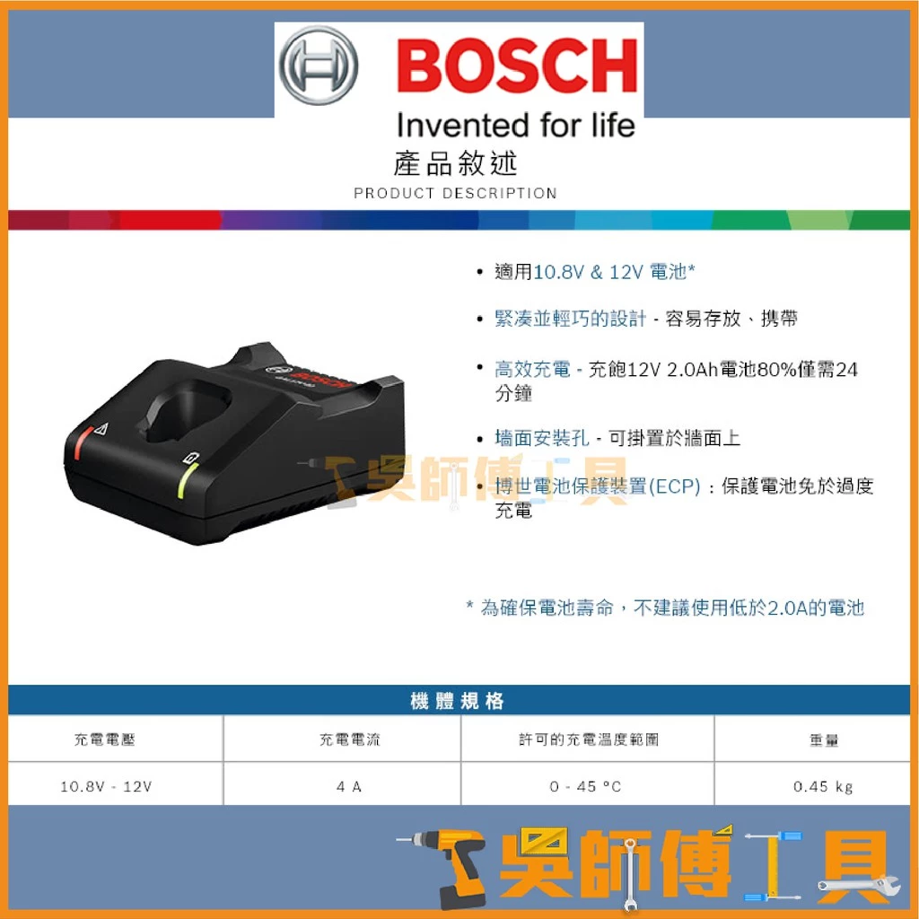 博世BOSCH GAL12V-40 10.8V/12V 4A電流快速充電器