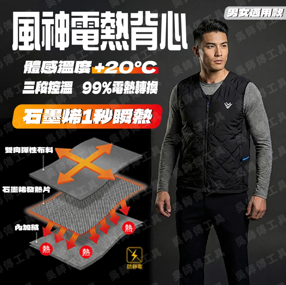 VENTI TECH風神電熱背心 發熱背心(石墨烯) (需搭配行動電源USB-A插孔)