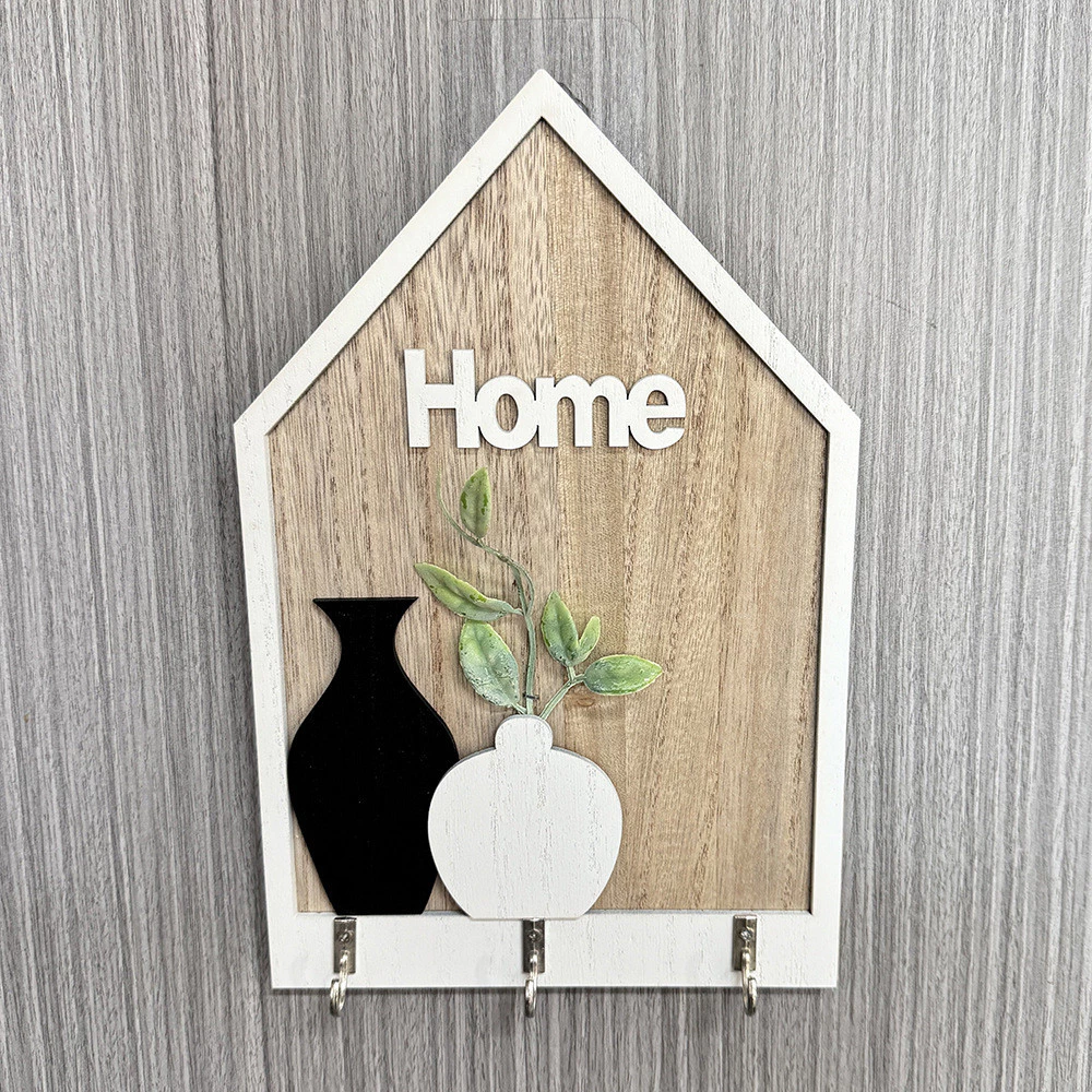 北歐木質壁掛牌鑰匙掛勾 HOME花瓶裝飾造型 鄉村風玄關客廳牆上鑰匙收納掛勾 台灣出貨