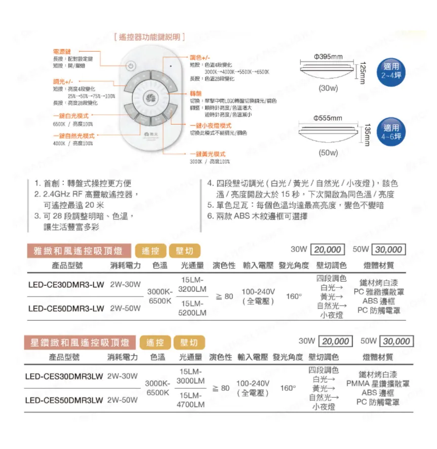 舞光 30W 調光 和風雅緻LED-CE30DMR3/星鑽遙控吸頂燈LED-CES30DMR3