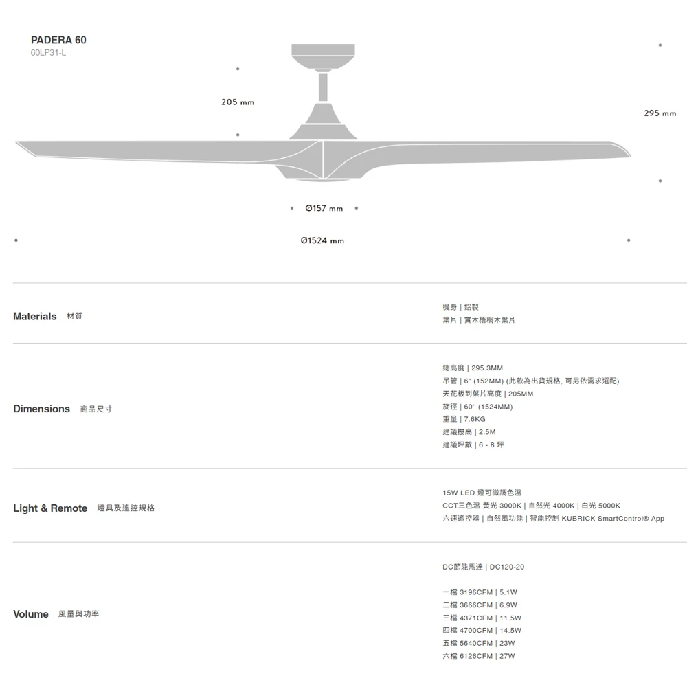 酷必客吊扇 PADERA系列 60吋DC吊扇+LED15W 三色溫燈光可微調 附遙控器 60LP31-L