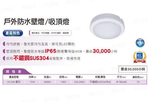 飛利浦 防水型/室內外系列 LED15W壁燈/吸頂燈  WL008  4000K