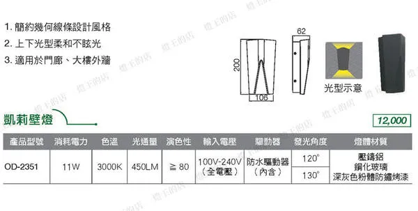 舞光 LED戶外壁燈 11W凱莉壁燈 戶外燈具 庭園燈 走道燈 OD-2351