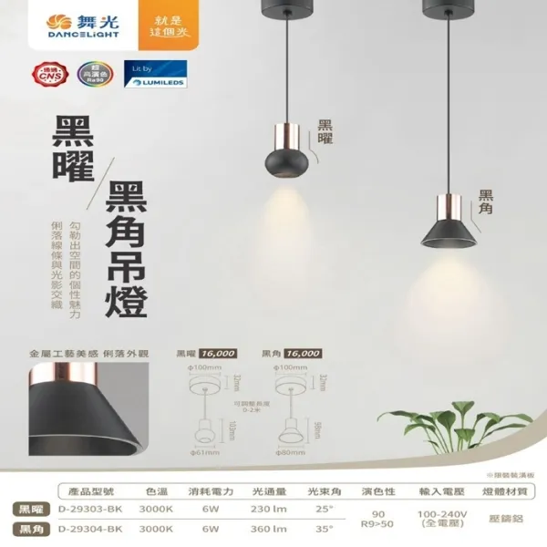 舞光LED 6W 黑曜/黑角吊燈 限裝裝潢板使用 D-29303-BK D-29304-BK