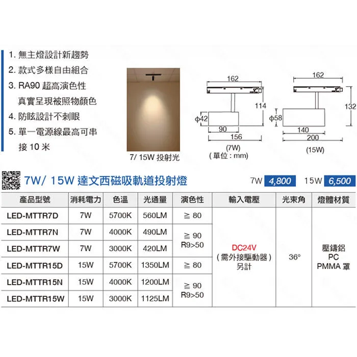 舞光LED 7W / 15W達文西磁吸式投射軌道燈 走廊燈 櫥窗照明 LED-MTTR