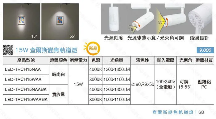 舞光 LED 15W 查爾斯變焦軌道燈 光束可變焦 燈體可垂直轉角 白框/黑框 LED-TRCH15