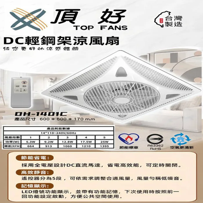 台灣製 頂好 DC省電 14吋 循環扇 涼風扇 附遙控器 輕鋼架空調風扇 DH-1401C 全電壓