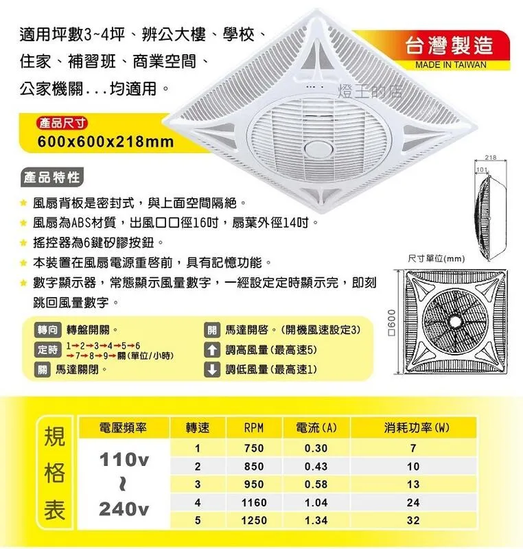 台灣製 DC直流14吋循環扇附遙控器 輕鋼架空調風扇HT-DC888   吸頂式  HT-DC888-C